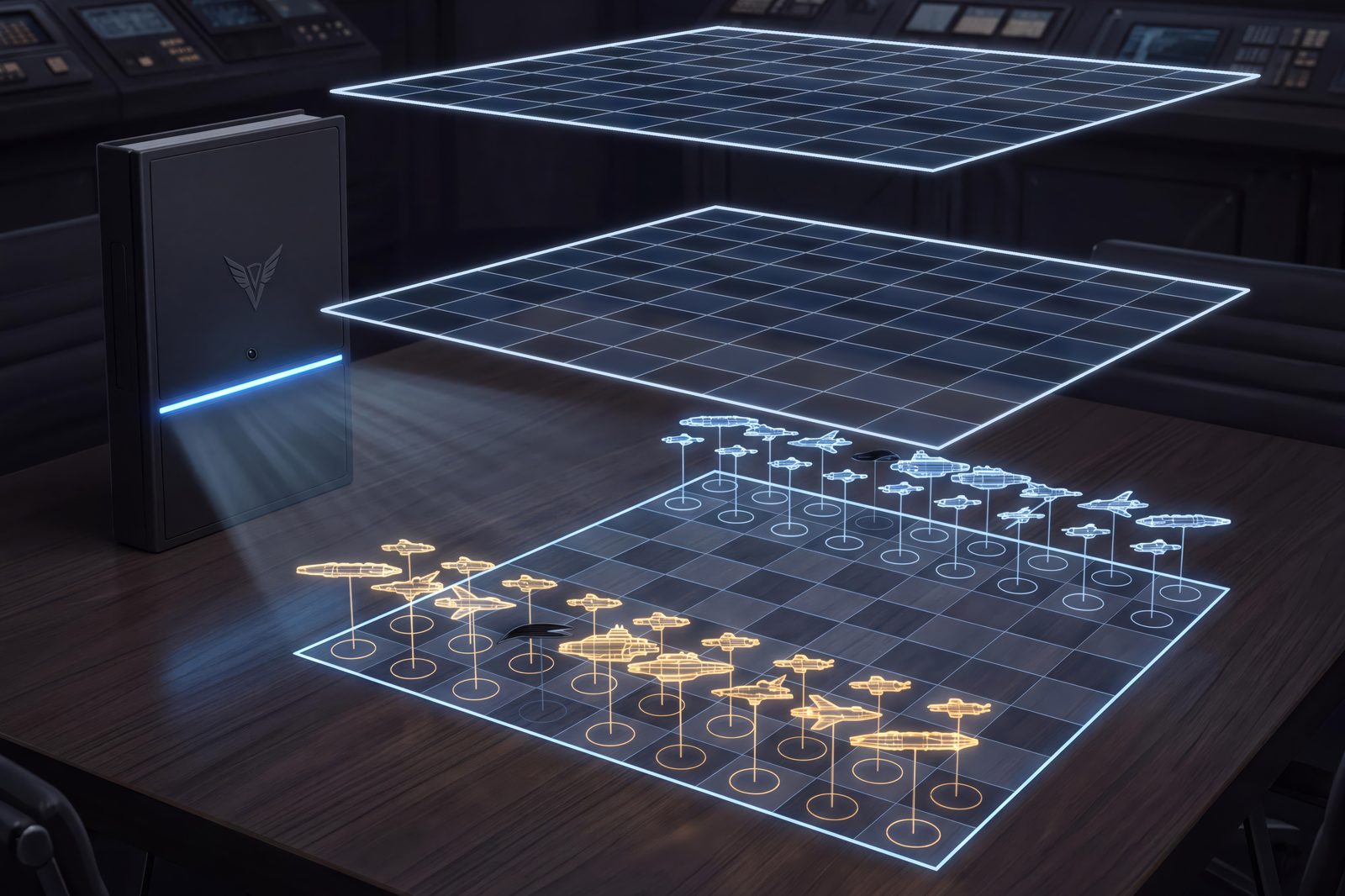 A Vector Chess board at the start of a game. Three glowing nine-by-nine tiers rise above a station table beside a dark projector unit. Gold amber ships and blue-white argent ships float on stems of light in The Well, the lowest tier, and the two tiers above are empty.